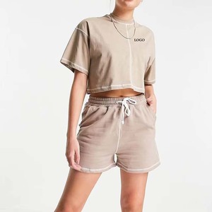 Ensemble short deux pièces en coton pour femmes chemise à manches courtes et short décontracté à cordon solide costumes chemises à col rond - Product Image 1