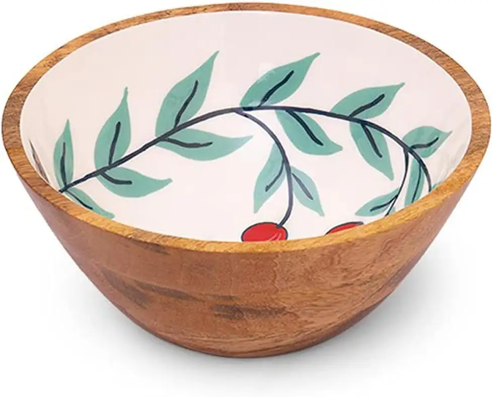 Attractive Design Mango Natural Wooden Bowls Round Shaped Flower Printing Fruit Bowl Using For Party Restaurant Kitchen