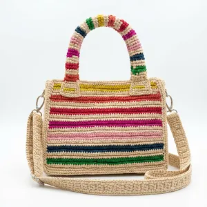 Sac fourre-tout en raphia rayé coloré, grande capacité, sac à main tissé, sac à bandoulière pour la plage et les voyages - Product Image 5
