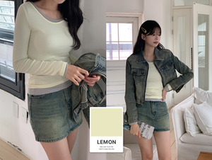 T-shirt à manches longues côtelé à col en U pour femme HOOR, haut basique extensible, décontracté, lisse, multi-couleurs, fabriqué en Corée - Product Image 4