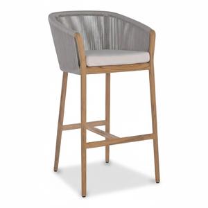Tabouret de bar moderne en corde tressée pour extérieur, avec structure en teck massif, chaise haute de comptoir avec coussin résistant aux intempéries pour mobilier de patio et de jardin - Product Image 1