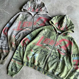 Sweat-shirt surdimensionné à capuche avec logo personnalisé, impression graphique intégrale, effet délavé vintage, strass, style gothique, fermeture éclair, streetwear pour homme, tissu épais - Product Image 2