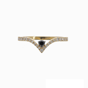 14K Yellow Gold Rhodium Plated V-Shaped Black White Brilliant Cut Diamond <b>Ring</b> Unique Chevron Band Elegant <b>Stacking</b> Wedding - Product Image 1