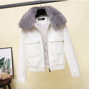 เสื้อโค้ทกันหนาวคอตั้งหนังแท้สำหรับผู้หญิง, เสื้อแจ็คเก็ตสั้นสีดำหนาสีขาวสำหรับฤดูใบไม้ร่วง - Product Image 4