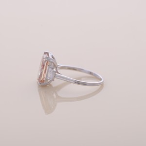 IGI Certified Radiant Cut Peach Pink Lab Diamond Three Stone <b>Ring</b> with Trapezoi Side Diamonds in 9K White/Rose/Yellow Gold - Product Image 2
