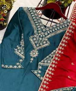 Fantaisie chinon soie broderie séquence travail haut bas avec dupatta prêt à porter kurta ensemble prix de gros - Product Image 2