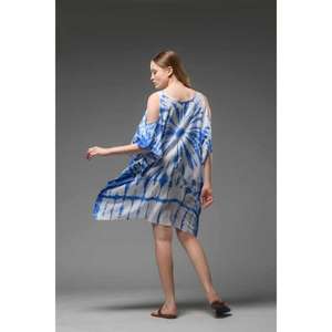 Womens Tie Dye Kaftan <b>Dress</b> Blue White Cold Shoulder <b>Short</b> Kaftan Loose Fit Summer Beach Resort Wear - Product Image 3