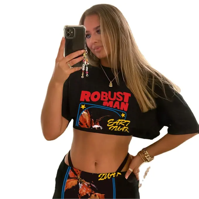 OEM CUSTOM 100 % Reine Baumwolle 2-teiliges Set Damenbekleidung Crop Top kurze Röcke Outfits Sommer Graffiti T-Shirts Miniröcke-Set