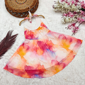 Robe de soirée/mariage Shoryam pour filles, imprimé numérique multicolore, sans manches, entièrement cousue, longueur genou, douce et fluide - Product Image 2