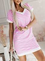 Robe Courte Rayée Col V Femme Manches Courtes Coupe Slim Décontractée Moulante Type T-shirt Vente en Gros Personnalisée