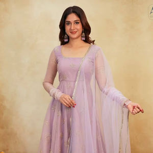 Autumn Vintage Embroidered <b>Gown</b> Pent Dupatta Soft Orgeenza Bids Hand Embroidery Suit Loose Silhouette Solid Pattern Natural - Product Image 1