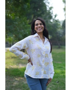 Modern Effortless 100% Cotton Eco-Friendly V-neck Shirt Tops Casual <b>Belt</b> Button Front Floral Natural Waistline Indian Supplier - Product Image 1