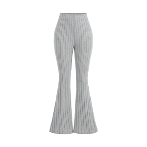 High Waist Knitted Flare <b>Pants</b> Solid Color Women's Casual Autumn Full Length Elastic Waist Ribbed Design Black Pink Gray - Product Image 6