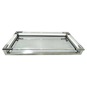 Haute qualité nouveau Design Rectangle décoratif en bois et métal, plateau de service en verre avec poignées pour décor de table en gros disponible - Product Image 1