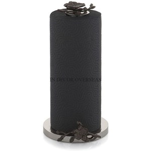 Petit porte-serviettes en papier poli brillant argenté en acier inoxydable à texture martelée avec feuilles plaquées or haut et bas de créateur - Product Image 6