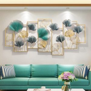 Décoration murale rectangulaire en métal abstraite florale avec des cadres de feuilles de Ginkgo 48x22 ou 96x48 pouces - Product Image 2