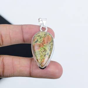 Pendentif en pierre précieuse rare Unakite, argent sterling 925, fait à la main, bijoux pour enfants et femmes, coupe en goutte d'eau, design unique, à porter tous les jours, cadeau - Product Image 3