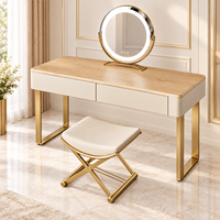 Ensemble de coiffeuse de luxe en bois clair avec miroir LED rond, 2 tiroirs, tabouret rembourré, taille et couleur personnalisables, garantie de 2 ans