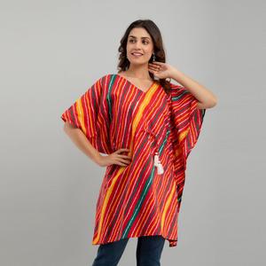 Vestido Kaftan de Algodón con Estampado Leheriya Rojo, Elegante y Moderno, Largo hasta la Rodilla, Ropa Casual de Noche para Club, Suministro ODM-SHKUP1230 - Product Image 4