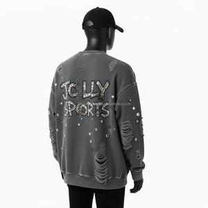 High Quality 380 GSM Men <b>Sweatshirt</b> <b>Vintage</b> Washed Cotton Fleece With Rhinestone Embellished Custom Logo Basics <b>Sweatshirt</b> - Product Image 5