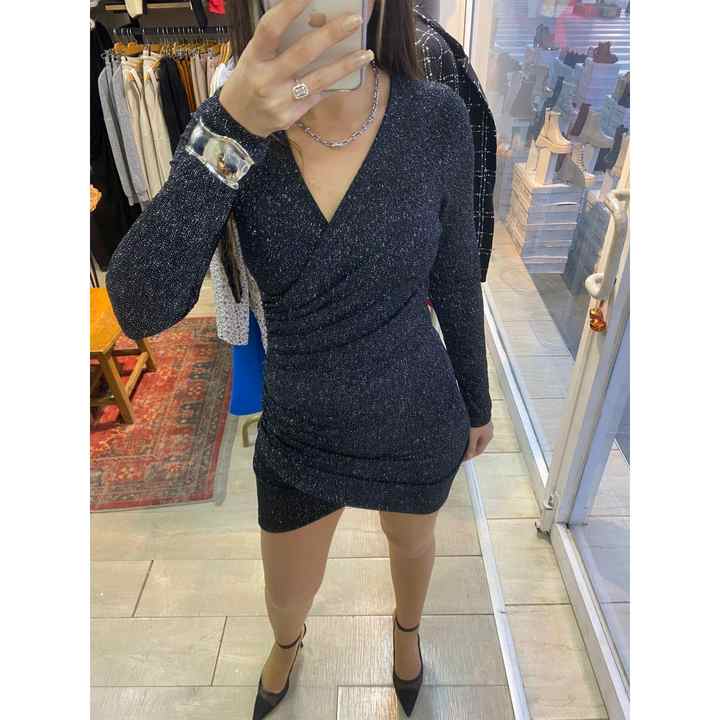 Black Double Breasted Neck Draped Lurex Dress