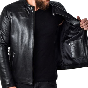 Chaqueta de motorista negra de alta calidad para hombre Cómodo diseño clásico Chaqueta de moto de cuero real Estilo de moda Tejido no tejido - Product Image 3