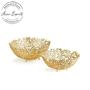 Bols en aluminium à brindilles de feuilles artisanales à bas prix avec finition plaquée or, utilisés pour servir des Fruits et des centres de Table - Product Image 1