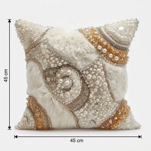 Luxury Handcrafted Faux Fur Embroidery Decorative <b>Throw</b> Pillow 18x18 Geometric Floral Leaf Print Floor Pillow - Product Image 2