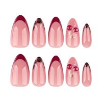 Faux ongles à presser moyens, forme amande, motif cerise 3D, branche dorée, pointes françaises rouges, motif léopard, 24 pièces, en acrylique, vente en gros