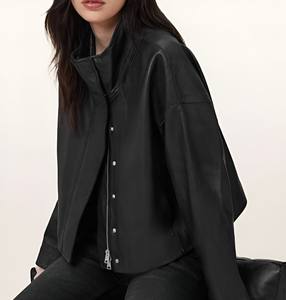 Veste universitaire en peau de mouton véritable pour femmes, col montant, noire, surdimensionnée, épaules tombantes, vêtements d'extérieur d'hiver, cadeau, doublure en coton brut - Product Image 1