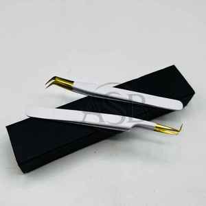Pinzas de pestañas de 90 y 65 grados de oro blanco personalizadas, pinzas de extensión de alta precisión con punta de fibra puntiaguda profesional de acero inoxidable - Product Image 5
