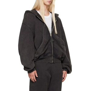 Sweat à capuche ample personnalisé avec fermeture éclair, épaules tombantes, coupe courte, manches longues bouffantes, effet délavé vintage, grande capuche, patchwork, pour femme - Product Image 3