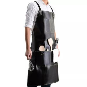 Delantal de cocina sin mangas de cuero genuino, delantal de cocina de Chef negro informal con bolsillos para herramientas para hombres y mujeres, auténtico para hombres y mujeres - Product Image 2