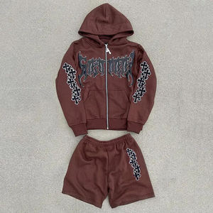 Manufacturer High Quality New Design Cross Zipper Puff Print French Terry 500 GSM Custom Zip Up <b>Hoodie</b> Tracksuit Set For <b>Men</b> - Product Image 6