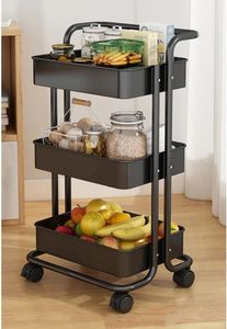 Chariot de rangement en métal noir à 3 couches avec poignée et roues Chariot organisateur roulant pour salon cuisine bureau ou salle de bain - Product Image 4