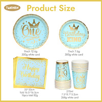 YACHEN Fournitures pour fête d'anniversaire 1 an Thème Couronne de roi Assiettes, gobelets et serviettes en papier bleu et or En stock pour la décoration de bébé garçon