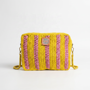 กระเป๋าถักโครเชต์ Anà raffia ลายทางสีเหลืองชมพู ปิดด้วยซิป สไตล์โบฮีเมียนสำหรับฤดูร้อน - Product Image 5