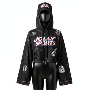 <b>Women</b> Crop <b>Top</b> Hoodie Premium Fleece 320 GSM Soft Black Bleach Wash High Density Puff Print Custom Logo Streetwear Style - Product Image 1