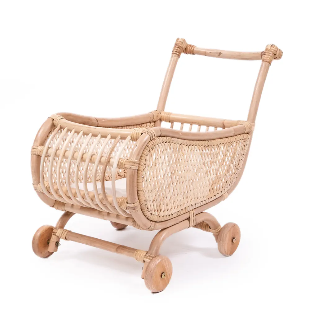 Wholesales high quality natural wicker rattan doll stroller pram for kids handcrafted from Vietnam