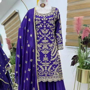 Ensemble Sharara et Dupatta Chinon sans plis, séchage rapide, réversible, longueur genou, pour femmes indiennes et pakistanaises, nouveau modèle de créateur pour les fêtes - Product Image 1