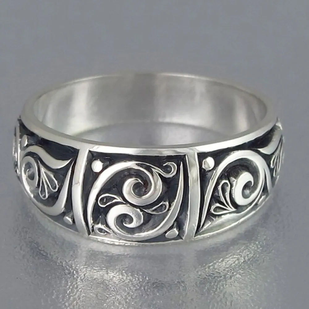 Handgefertigte Ehering einfarbig 925er Sterling-Silber Schnitzereien-Ring