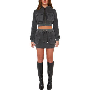 ชุดวอร์ม2ชิ้นเสื้อครอปมีฮู้ดผ้าคอตตอนผ้าเทอร์รี่ซักมีซิป2026ลำลองเซ็กซี่วินเทจสำหรับฤดูร้อนออกแบบได้ตามที่ต้องการ - Product Image 3