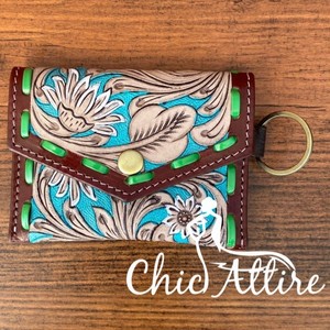 กระเป๋าใส่เหรียญพวงกุญแจหนังแท้ขนาดเล็กของผู้หญิงแบบตะวันตกกระเป๋าใส่เหรียญลายดอกไม้ขนาดเล็กกระเป๋าสตางค์มินิมอลที่ใช้งานได้จริง - Product Image 1