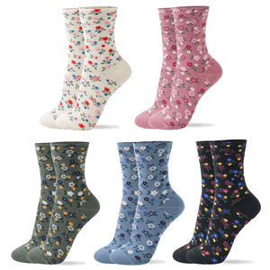 Chaussettes en coton tricotées pour femmes - Fournisseur ODM - Chaussettes décontractées respirantes à imprimé floral - Style coréen - Usage quotidien - Product Image 1