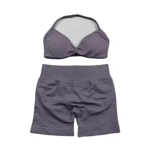 Ensemble de yoga pour femme, soutien-gorge de sport et short de couleur unie, taille haute, longueur cheville, léger, en Spandex/Nylon 220g, vente en gros 2026 - Product Image 5