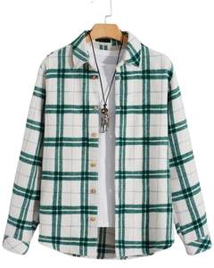 Chemise en flanelle à carreaux pour homme, personnalisée par le fabricant, blanc et vert, boutonnée, manches longues, décontractée, style chemise d'hiver chaude - Product Image 1