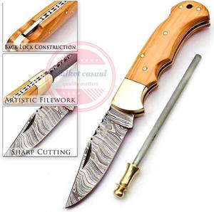 Cuchillo de bolsillo hecho a mano de Damasco, cuchillo de bolsillo plegable para acampar con mango de madera - Product Image 3