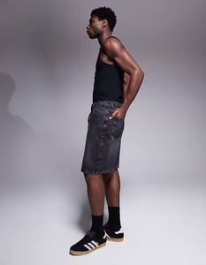 Short en jean à jambe droite pour hommes, délavé vintage, avec double genoux, strass 100% coton, motif uni écologique - Product Image 3