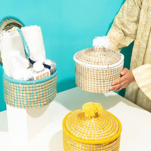 Panier cadeau fait main en jonc de mer avec couvercle Boîte de rangement pour la décoration du Ramadan avec nœud pour le Ramadan 2026 - Product Image 3
