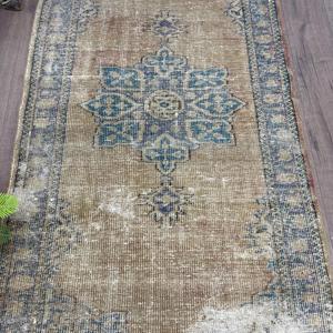 3.5x6.6 ft Turkish Rug, Vintage Accent Rug, <b>Brown</b> Check <b>Wool</b> Rug - Product Image 3